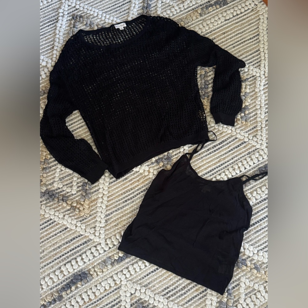 Hem & Thread Black Open-Weave Knit Top with Cami - Picture 3 of 10